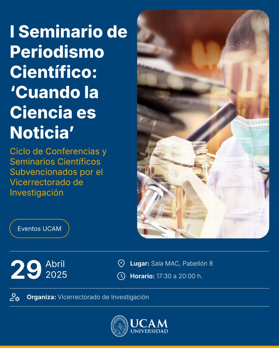 🧪Los alumnos de 4º de <a href="/UCAM_Periodismo/">UCAM Periodismo</a> vivieron esta tarde el I Seminario “Cuando la Ciencia es Noticia”, donde María José Moreno, Enrique Arroyas  y Marina Montiel mostraron cómo un periodismo científico riguroso puede salvar vidas.
<a href="/UCAM_Investiga/">Vicerrectorado de Investigación UCAM</a>

ℹ️ ow.ly/S5E150VzYEC