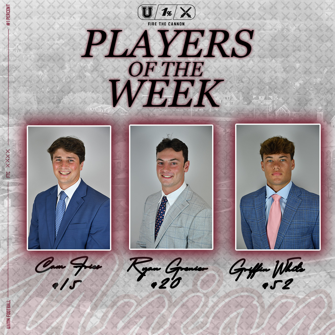UnionCollegeFB's tweet photo. 𝓟𝓵𝓪𝔂𝓮𝓻𝓼 𝓸𝓯 𝓽𝓱𝓮 𝓦𝓮𝓮𝓴
Proud to highlight three members of our family who set the standard with accountability, discipline, and toughness in Week 2
The tradition lives on.
#FTC #GoU #1percent https://t.co/tBtJ0iAo8Z