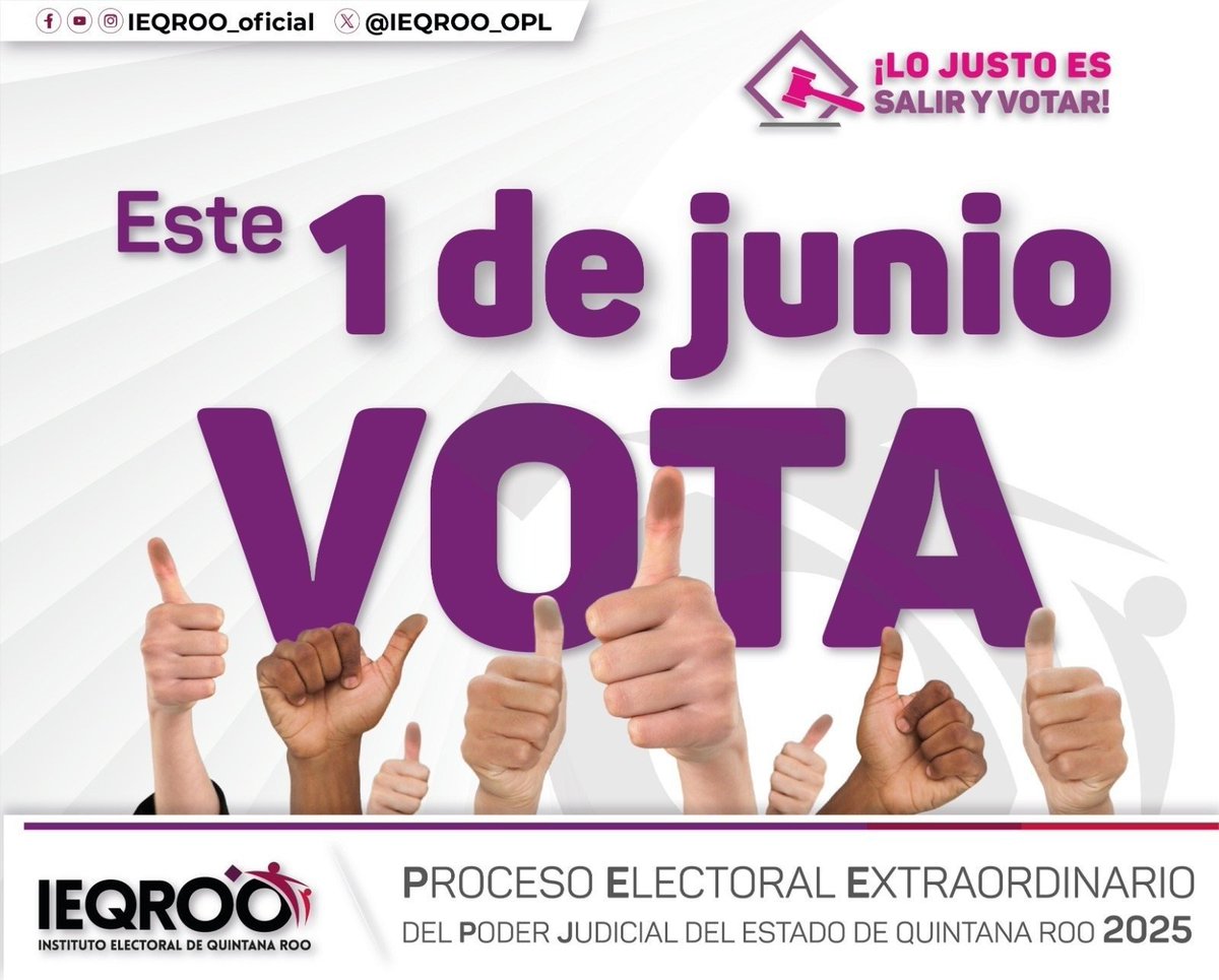 IEQROO_OPL's tweet photo. #Prepara tu👉🏻🪪👈🏻

💁🏻‍♀️Recuerda que este 01 de junio todas y todos saldremos a votar para elegir a las personas candidatas que participarán en el Proceso Electoral Extraordinario del Poder Judicial del Estado de Quintana Roo 2025.

#lojustoessaliryvotar⚖️🗳️ https://t.co/K11HQIsL6G