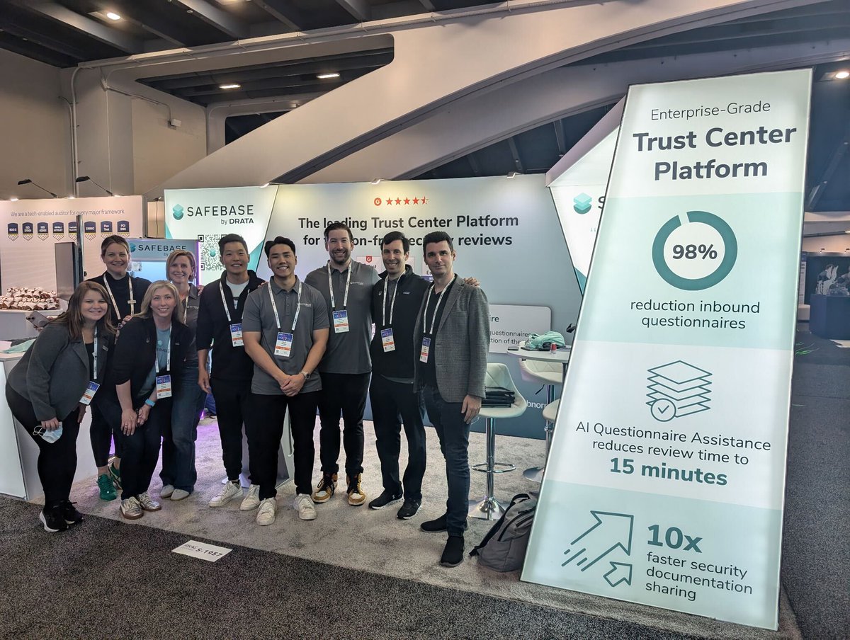 First full day of RSA is officially in motion ✅ 

Stop by Moscone North and South to meet the Drata team, chat all things AI and GRC, the new wave of trust management, and latest additions to our platform. 

Lots of great convos already happening at our booths! <a href="/getsafebase/">SafeBase</a>