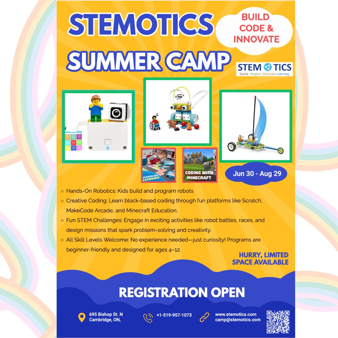 stemotics's tweet image. STEMOTICS Summer Camp is back!
Robots 🤖, Coding 💻, Fun 🎉 — all in one unforgettable summer!

📍 Cambridge | Ages 4–14 | Weekly themes
👉 Register now – limited spots available! 

#STEMforkids
#RoboticsForKids
#CodingForKids
#KidsWhoCode