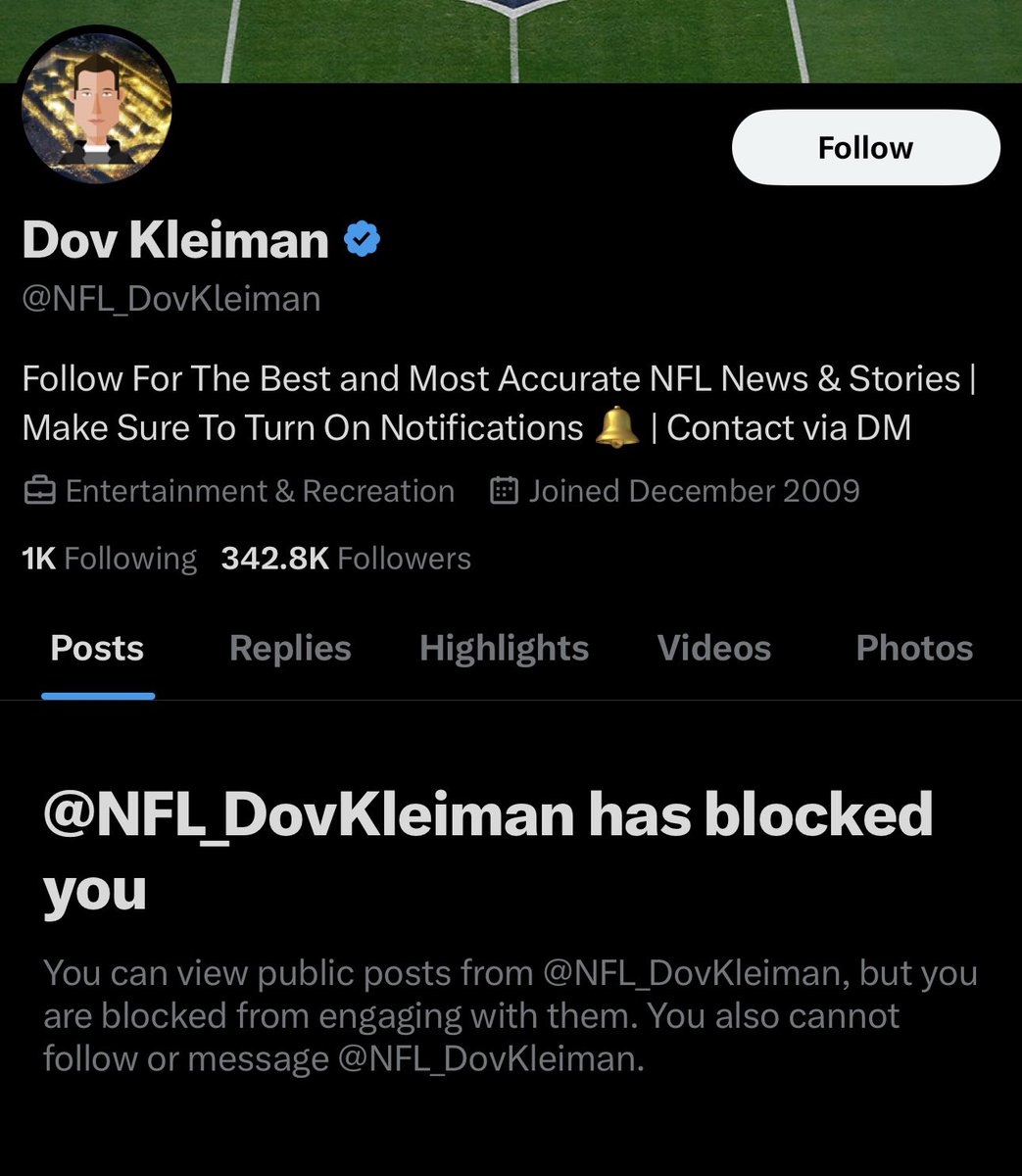 Blackshirts (@blvckshirts) on Twitter photo YIKES: Wannabe NFL Journalist <a href="/NFL_DovKleiman/">Dov Kleiman</a> has blocked a Husker fan account for calling him out.
Self-proclaimed “Best and Most Accurate NFL News & Stories” does not like when you point out his story fabrication. YIKES: Wannabe NFL Journalist <a href="/NFL_DovKleiman/">Dov Kleiman</a> has blocked a Husker fan account for calling him out.
Self-proclaimed “Best and Most Accurate NFL News & Stories” does not like when you point out his story fabrication.