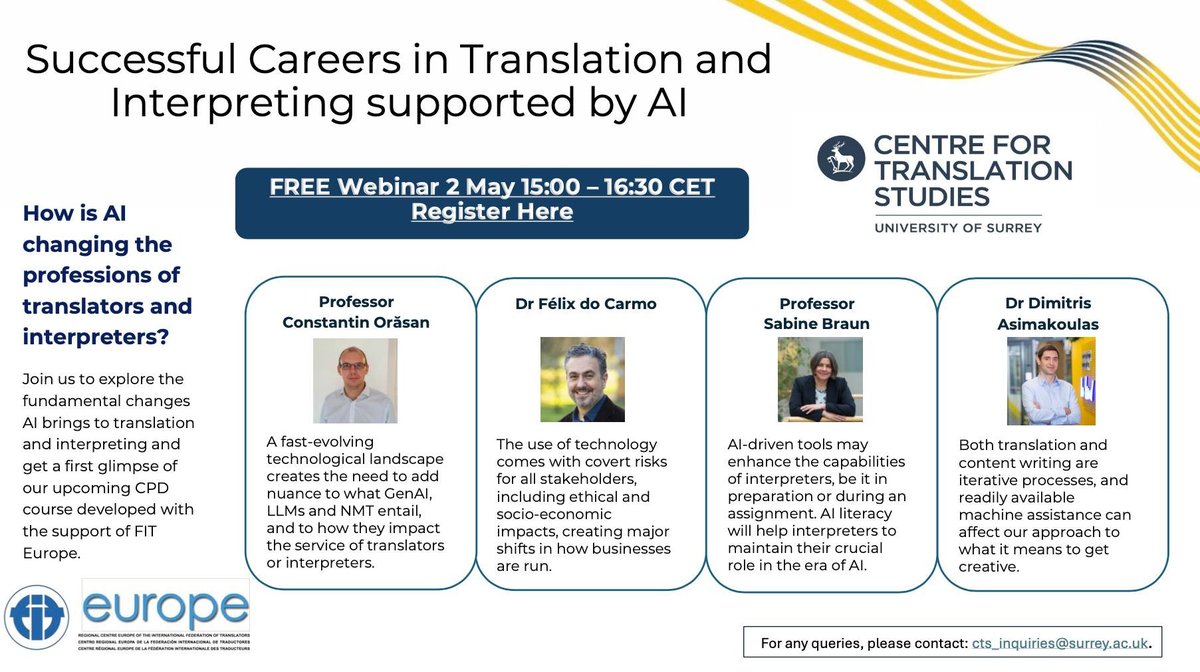 Sabine Braun @drsabinebraun.bsky.social (@drsabinebraun) on Twitter photo Interested in #Translation and #AI? Join our #webinar on 2 May @ 3pm CET. The session is a free introduction to our upcoming #CPD course in Translation and AI in collaboration with <a href="/FIT_Europe/">FIT Europe</a> Register here: events.teams.microsoft.com/event/b3aac056… Interested in #Translation and #AI? Join our #webinar on 2 May @ 3pm CET. The session is a free introduction to our upcoming #CPD course in Translation and AI in collaboration with <a href="/FIT_Europe/">FIT Europe</a> Register here: events.teams.microsoft.com/event/b3aac056…