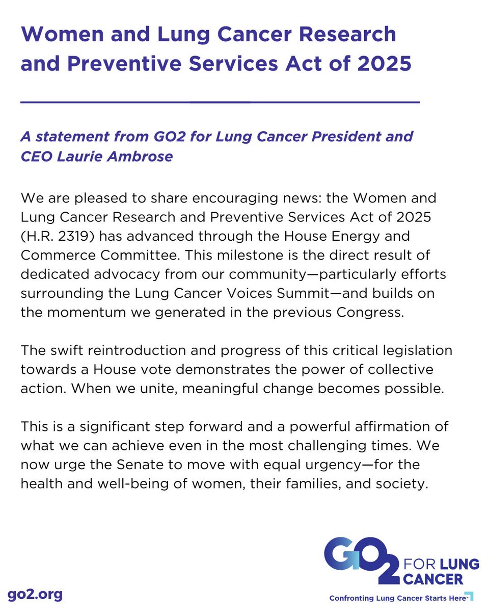 The Women &amp; Lung Cancer Research &amp; Preventive Services Act (H.R. 2319) passed House Energy &amp; Commerce—progress at a critical time. 

Thanks to <a href="/CongBoyle/">Rep. Brendan Boyle</a> &amp; all advocates! Now on to the Senate!