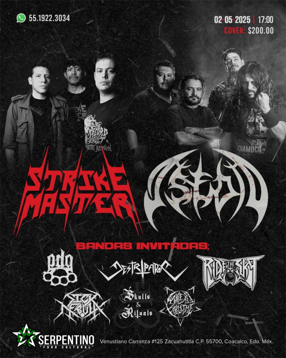 Próximo 2 de Mayo en el #SerpentinoCaffeRock se presentan <a href="/strikemaster666/">Strike Master</a> y <a href="/AsedioMX/">Asedio</a> junto con #SickNebvla #Destripador <a href="/pdq_mx/">PDQMX</a> #RideTheSky, #SkullsNRituals y #WhileAllForgetMe