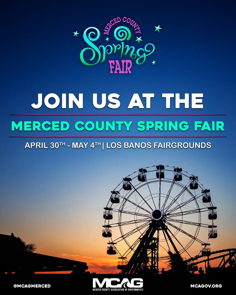 Join MCAG at the Merced County Spring Fair starting tomorrow, April 30th - May 4th!🎡
 
Stop by our booth and help us with our long-term planning to improve transportation and support balanced growth in the region! Take the survey for a chance to win a $100 Visa Giftcard!