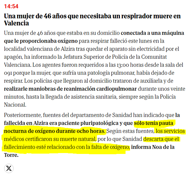 JulianMaciasT's tweet photo. Madre mía! No pueden ser más carroñeros en El Mundo. En la propia noticia dicen que la mujer solo necesitaba el oxígeno por la noche y que fue muerte natural y no relacionada con la falta de Oxígeno. https://t.co/osOf6hPmV0