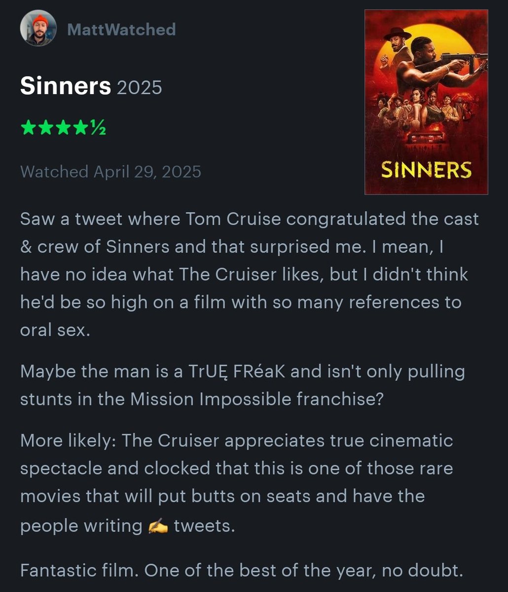 Matt Nelson (@mattyfatpants) on Twitter photo Was so inspired by The Cruiser's tweet that it informed my <a href="/letterboxd/">Letterboxd</a> review.
Thanks, Tom! Was so inspired by The Cruiser's tweet that it informed my <a href="/letterboxd/">Letterboxd</a> review.
Thanks, Tom!