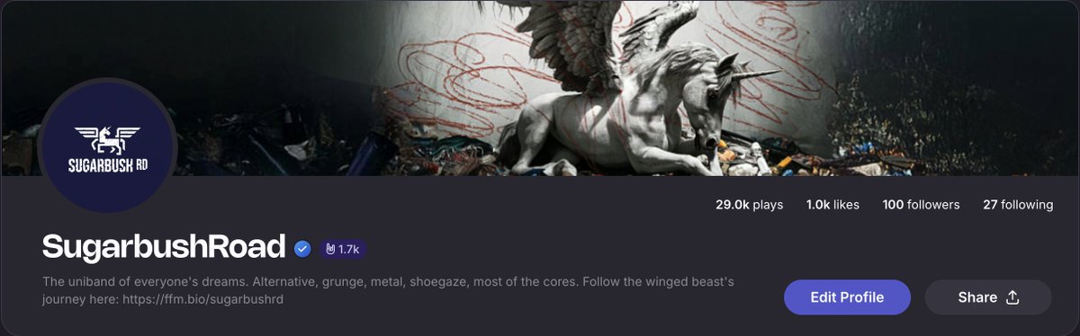 Just made it to 100 followers on Riffusion! I've never had that many on any platform! Thanks for promoting my tunes, <a href="/riffusionai/">Riffusion</a>! Very grateful!🦄🔥🤘🙌 #cybermetal #metal #aimusic 
riffusion.com/SugarbushRoad
