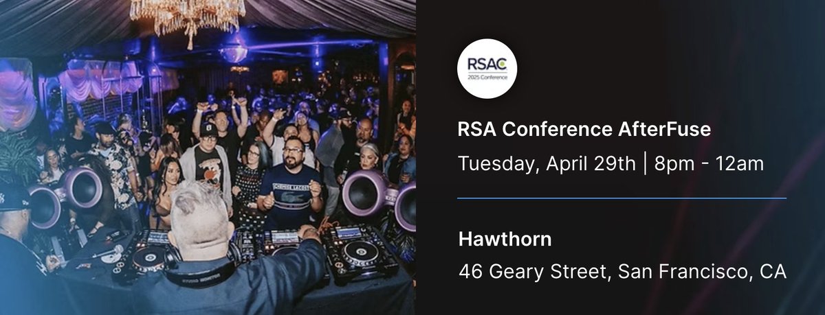 Looking for the legendary after-hours cybersecurity party during RSAC? Afterfuse is where tech, networking, and great company come together.

📅 April 29 | 🕗 8:00 PM | 📍 The Hawthorn

Good music, great drinks, and even better connections. RSVP now → lnkd.in/eZZACbt2