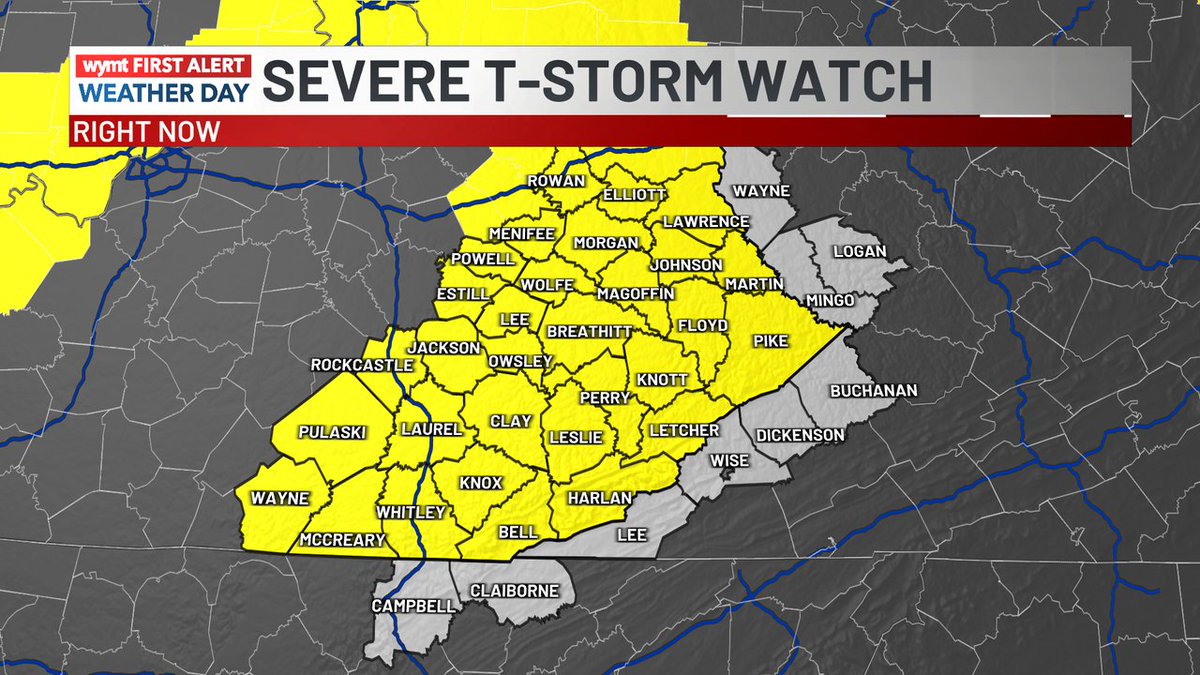 WYMT's tweet photo. FIRST ALERT: A Severe Thunderstorm WATCH has been issued for the counties shaded in yellow until Apr 30 1:00AM EDT. Stay up to date with the WYMT First Alert Weather App. More info - https://t.co/QzeqR7dIKt #kywx #wvwx #vawx #tnwx https://t.co/9rHxGRQrX7