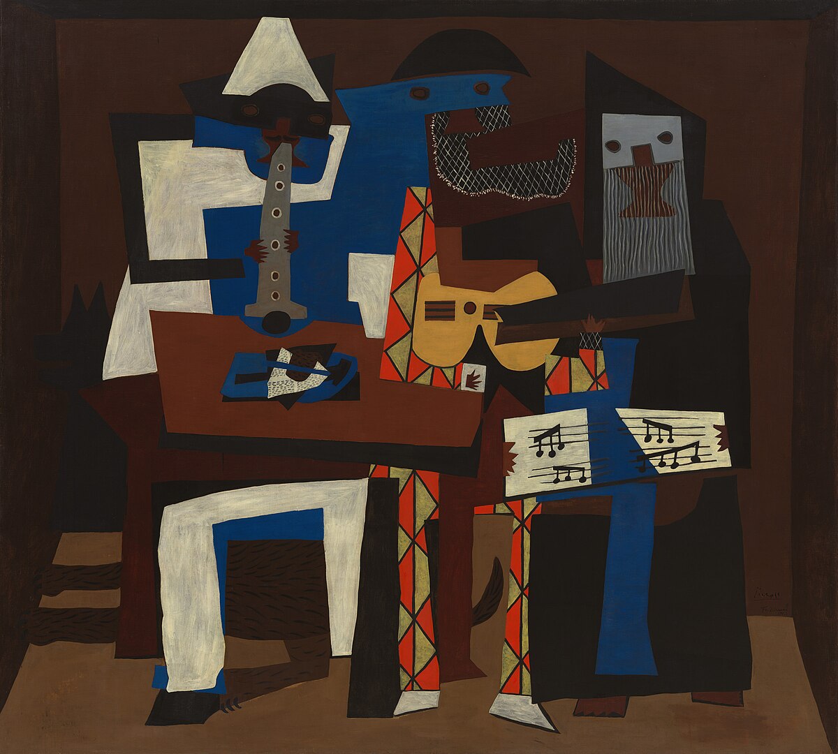 Lismarblue's tweet photo. 6. Tres músicos

Una primera vista puede parecer un collage, pero el famoso cuadro de Pablo Picasso "Tres músicos" es en realidad una pintura al óleo. 
Terminado en 1921, pintó dos cuadros muy similares que se denominan mutuamente "Tres músicos". https://t.co/U2ei6fUFMU