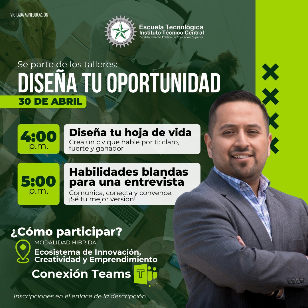 Escuela Tecnológica Instituto Técnico Central (@etitc) on Twitter photo Mañana llegan nuestros talleres "Diseña tu oportunidad": aprenda a construir una hoja de vida ganadora y a brillar en entrevistas 💼 Inscripciones en 👉 forms.office.com/r/6pgDLw9r53 Mañana llegan nuestros talleres "Diseña tu oportunidad": aprenda a construir una hoja de vida ganadora y a brillar en entrevistas 💼 Inscripciones en 👉 forms.office.com/r/6pgDLw9r53