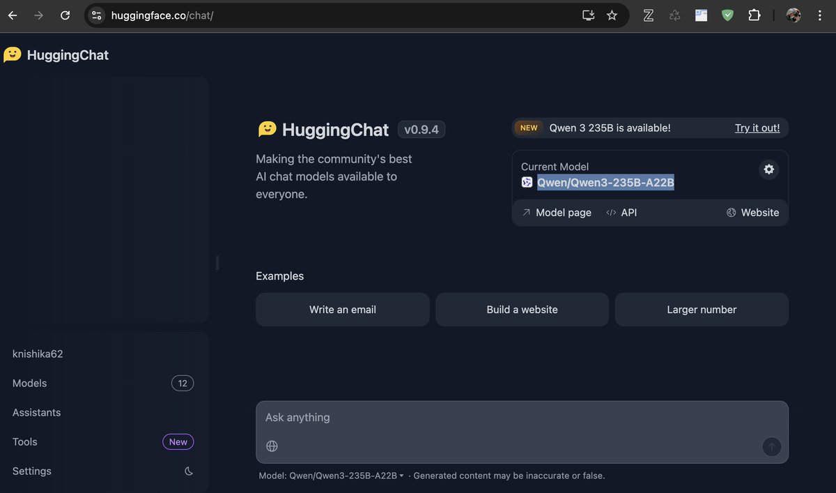 PhotogenicWeekE's tweet image. #HuggingChat に #Qwen3-235B-A22B 来てますね！太っ腹(笑)
huggingface.co/chat/