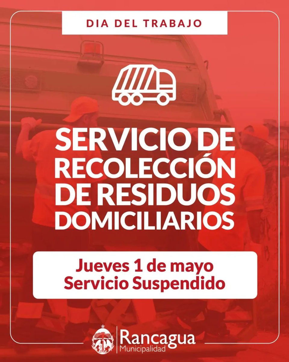 munirancagua's tweet photo. ℹ️ Atención vecinas y vecinos de #Rancagua

Les informamos que, con motivo del Día del Trabajo, el servicio de recolección de residuos domiciliarios estará suspendido el jueves 1 de mayo. https://t.co/3QsXaJcKVU