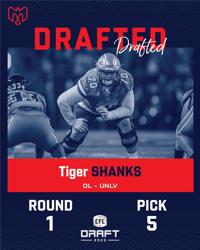 Alouettes de Montrรฉal (@mtlalouettes) on Twitter photo Nous avons sรฉlectionnรฉ le OL Tiger Shanks de UNLV avec le 5รจme choix du repรชchage 2025 !ย
--ย
We have selected the OL <a href="/Shanks9Tiger/">Tiger Shanks</a> from UNLV with the 5th overall pick in the 2025 #CFLDraft !ย
#Alouettes Nous avons sรฉlectionnรฉ le OL Tiger Shanks de UNLV avec le 5รจme choix du repรชchage 2025 !ย
--ย
We have selected the OL <a href="/Shanks9Tiger/">Tiger Shanks</a> from UNLV with the 5th overall pick in the 2025 #CFLDraft !ย
#Alouettes