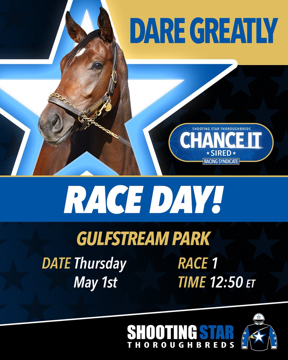 RACE DAY ALERT! DARE GREATLY is entered at Gulfstream Park on Thursday, May 1st, in Race 1 with Leonel Reyes aboard! Best of luck to Dare Greatly and all of the Members! #FLBred #FLSire #VACert #Chanceit