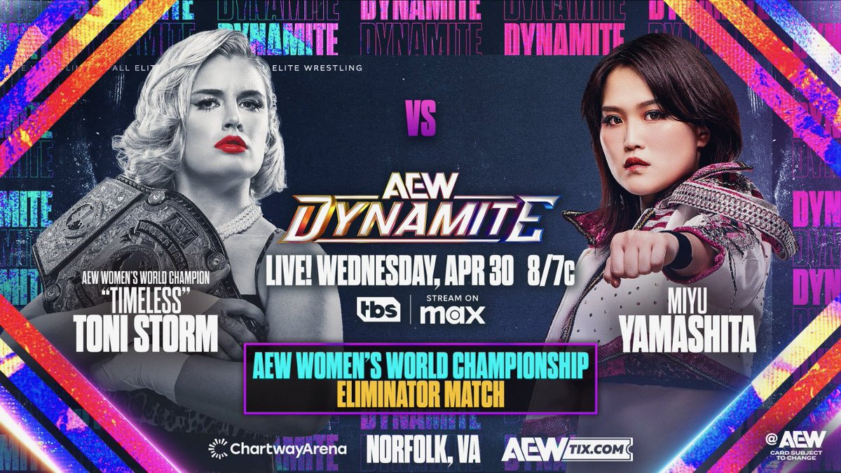 TOMORROW, 4/30
8pm ET/7pm CT on TBS + Max
Wednesday Night #AEWDynamite

<a href="/AEW/">All Elite Wrestling</a> Women’s World Title Eliminator
Toni Storm vs Miyu Yamashita

After issuing an Eliminator Challenge at @TCM Fest on Sunday, AEW Women’s World Champion “Timeless” Toni Storm will fight <a href="/miyu_tjp/">山下実優 Miyu Yamashita</a> TOMORROW!