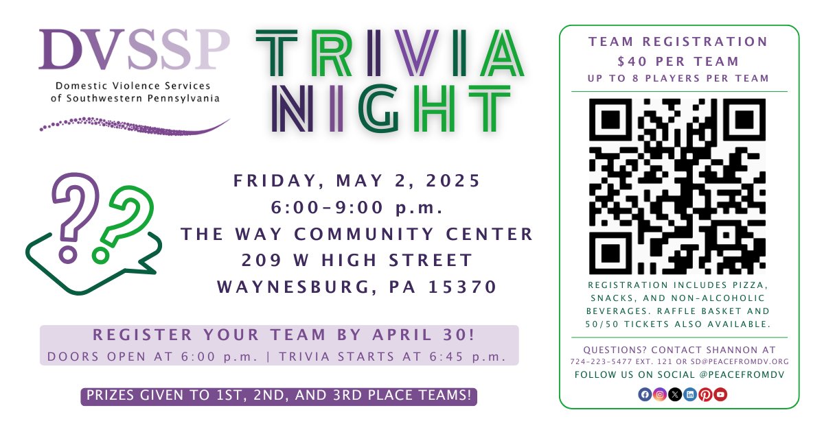 DVSSP Trivia Night is this Friday! Grab your crew and bring your A-game — it's going to be a blast! 🏆 Pizza, prizes, and plenty of laughs, all while supporting survivors and their families. 💜🧠💥 

🗓️ Friday, May 2 in Waynesburg — Registration required: loom.ly/2Z6Ryto