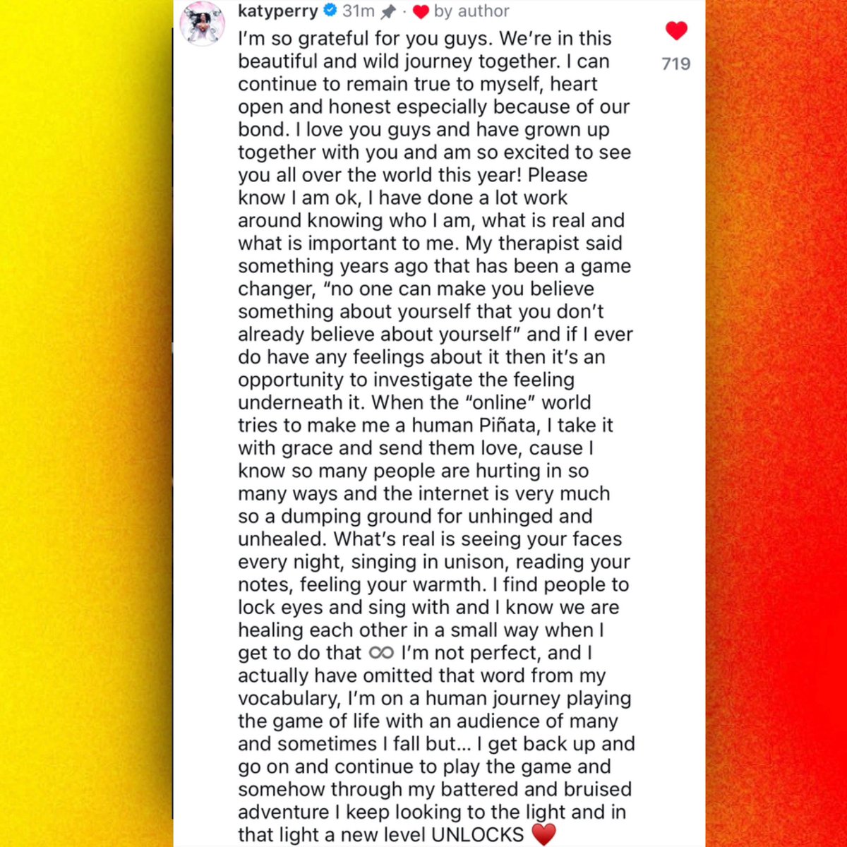 Katy Perry reacts to fans setting up a Times Square billboard sending her love:

“When the ‘online’ world tries to make me a human Piñata, I take it with grace and send them love, cause I know so many people are hurting in so many ways and the internet is very much so a dumping