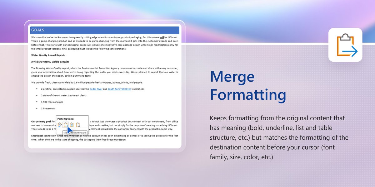 Microsoft365's tweet image. Paste smarter, not harder. Keep your docs looking seamless with Word&apos;s default paste options. 💅msft.it/6010SPGEg #MicrosoftWord