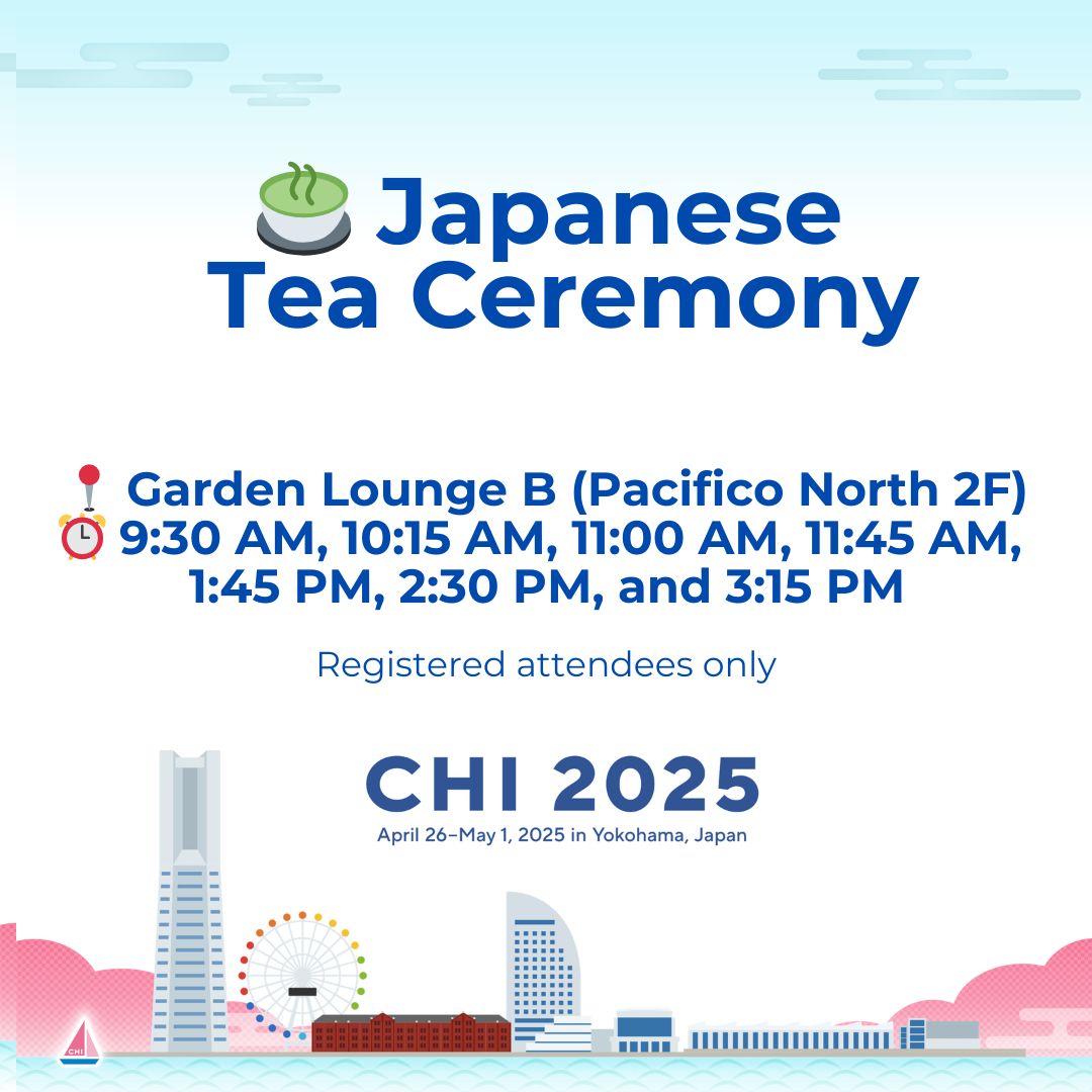🍵 Today’s Japanese Tea Ceremonies are scheduled at 9:30 AM, 10:15 AM, 11:00 AM, 11:45 AM, 1:45 PM, 2:30 PM, and 3:15 PM. Please come 5 mins before your slot for checking in! #CHI2025 
🔗 buff.ly/lLjp6SX
