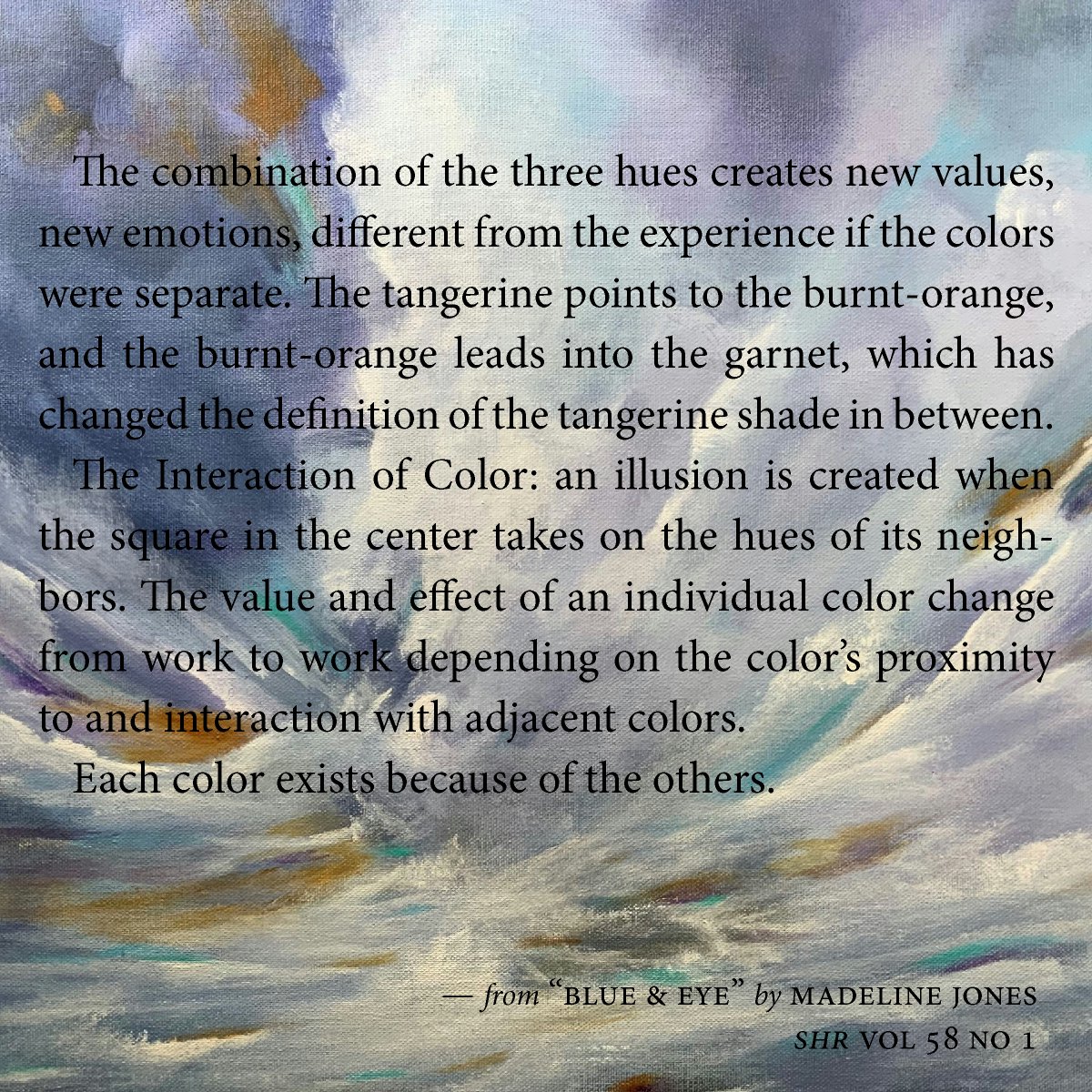 Learn how color is perceived in "Blue &amp; Eye" by Madeline Jones

Read the full essay here: southernhumanitiesreview.com/581-blue--eye-…

Photo by Soraya Silvestri courtesy of Unsplash.

#litmag #writingcommunity #nonfiction