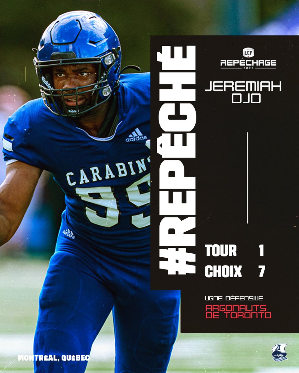 LCFca's tweet photo. #RepêchageLCF | Tour 1 | Avec le 7e choix, les @torontoargos sélectionnent le LD de l'Université de Montréal Jeremiah Ojo! 🔥 

#LCF #CFL #CFLDraft https://t.co/pvX4YKXSR4