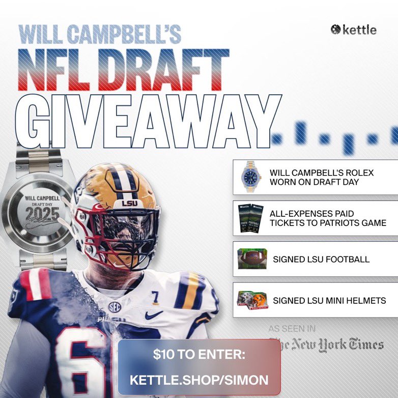 S_CharlesNFL's tweet image. Want to Win Will Campbell’s Draft-Night Rolex? ⌚️

@kettle_shop is giving away the ACTUAL watch worn by the Patriots’ rookie OT — plus other great prizes!

🎁 FREE BONUS ENTRY with my link: Kettle.shop/SIMON