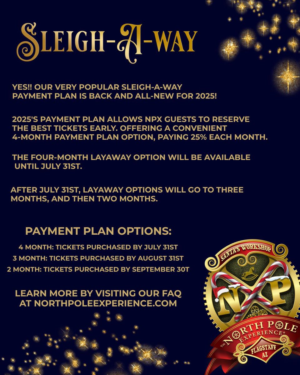npxsanta's tweet photo. Make it a November to remember!✨🎟️ Back for 2025, choosing a November date will save you $10 per ticket!

𝗦𝗟𝗘𝗜𝗚𝗛-𝗔-𝗪𝗔𝗬 Payment Plan is back for 2025, which allows guests to reserve the best tickets during 𝐋𝐀𝐔𝐍𝐂𝐇 with a convenient 4-𝗠𝗢𝗡𝗧𝗛 payment plan. https://t.co/d3fTtS3q63
