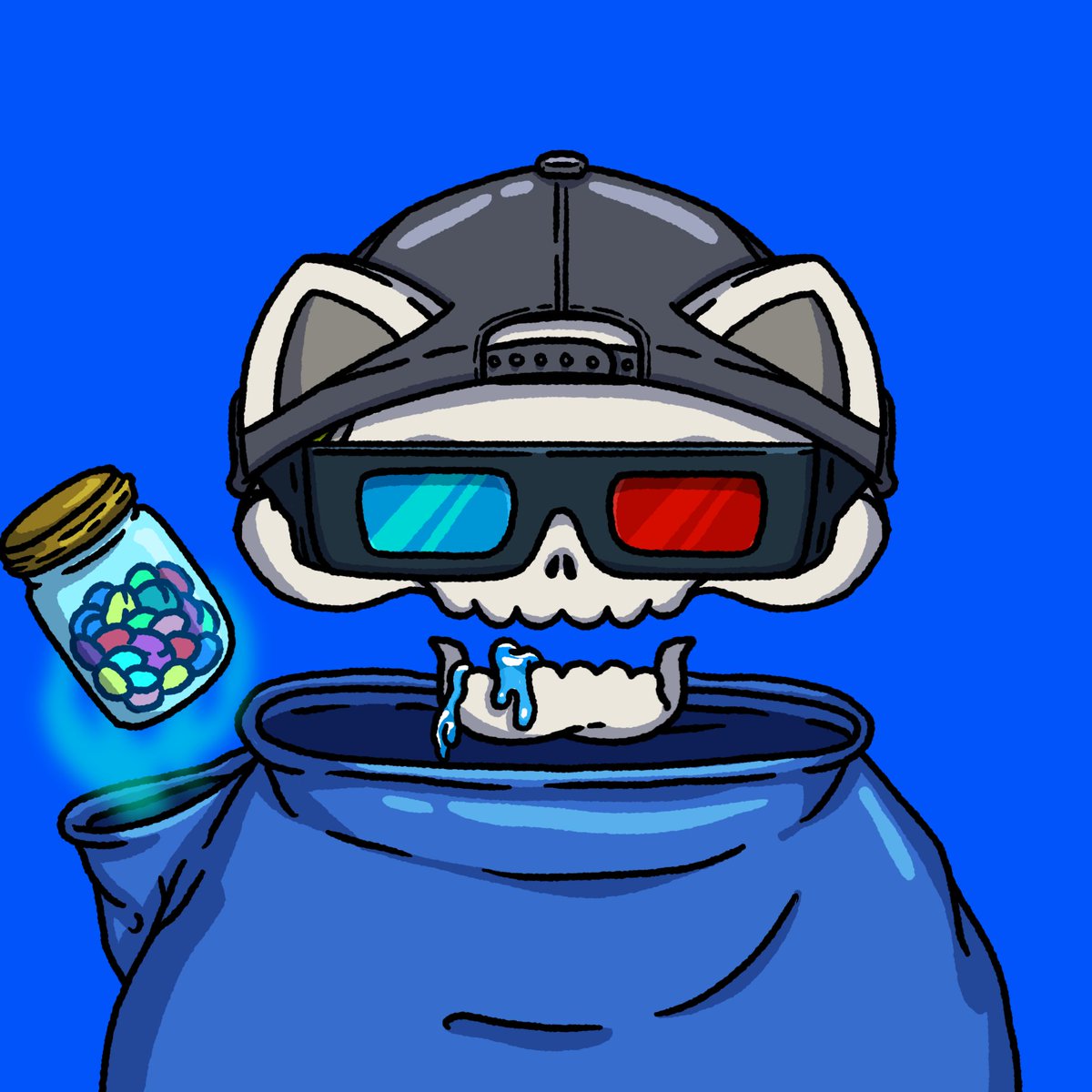 Cavity, the Candy Keeper
We thought the Devil was his final form… then he came back for dessert.
The third Mythic Whiskerz of <a href="/stu_stutter/">stutter</a> brings his PFP to life: 3D glasses, floating skull, and a suspicious jar of treats.
Mint 100+ Fortune Catz and weird greatness might find