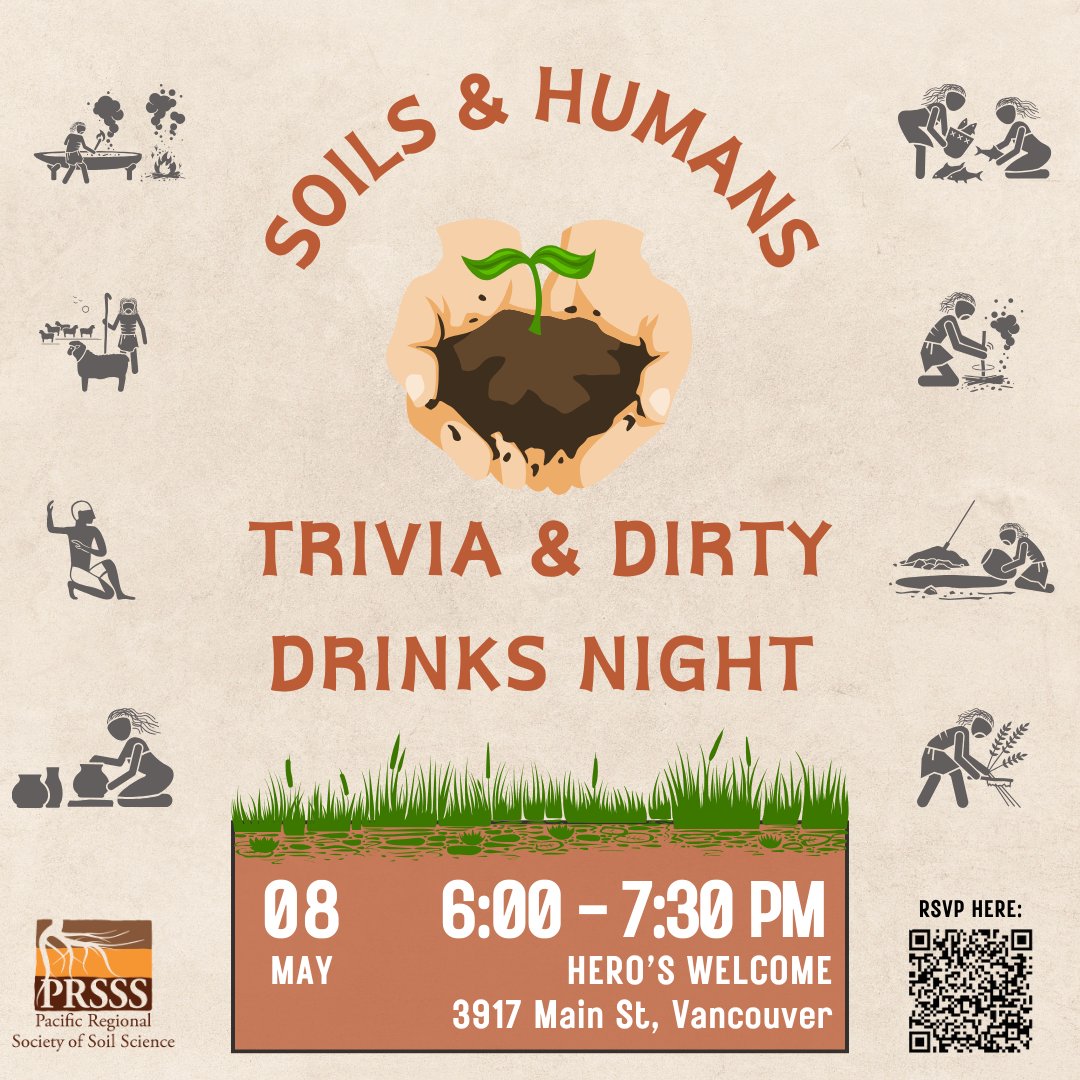 📣 Calling all soil nerds!
🍻 Join our spring Trivia &amp; Dirty Drinks social on Thursday, May 8th at Hero's Welcome in Vancouver
🤎 There will be trivia, drinks, snacks, and lots of socializing opportunity! 🤩
🔗 RSVP here: forms.gle/yagU4R3RBzWobu…
🌄 Okanagan event coming soon!