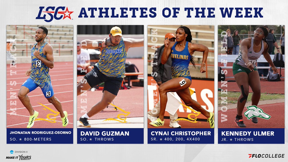 Lone Star Conference (@lonestarconf) on Twitter photo #LSCotf Athletes of the Week ๐
Men's Track: Jhonatan Rodriguez-Osorno, <a href="/JavelinaSports/">Javelina Athletics</a>
Men's Field: David Guzman, TAMUK
Women's Track: Cynai Christopher, TAMUK
Women's Field: Kennedy Ulmer, <a href="/ENMUAthletics/">ENMU Greyhounds</a> (2)
๐ bit.ly/438SJVm
#D2motf #D2wotf #LSCotf Athletes of the Week ๐
Men's Track: Jhonatan Rodriguez-Osorno, <a href="/JavelinaSports/">Javelina Athletics</a>
Men's Field: David Guzman, TAMUK
Women's Track: Cynai Christopher, TAMUK
Women's Field: Kennedy Ulmer, <a href="/ENMUAthletics/">ENMU Greyhounds</a> (2)
๐ bit.ly/438SJVm
#D2motf #D2wotf
