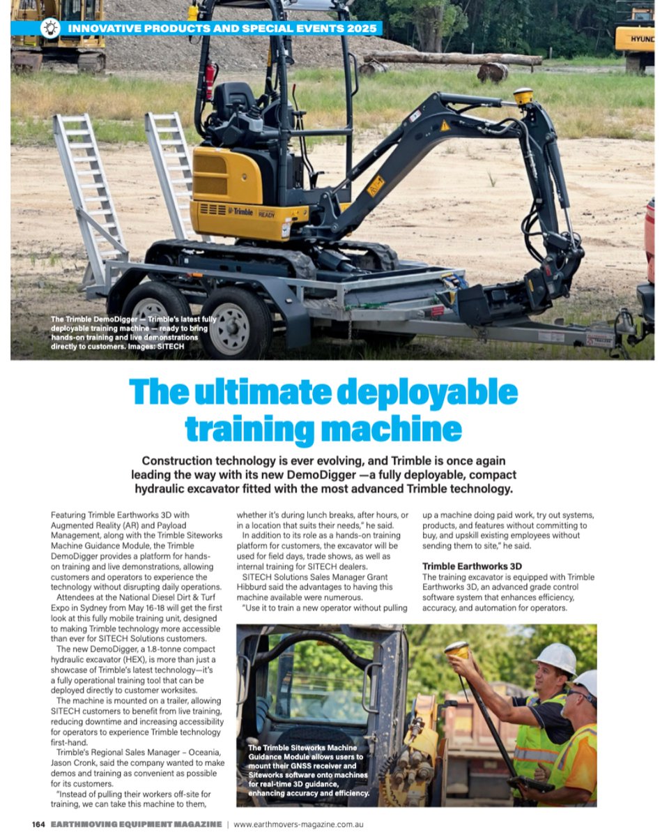 SITECHNSW's tweet image. 📰 IN THE NEWS | #EARTHMOVING EQUIPMENT MAGAZINE: Featuring #Trimble Earthworks 3D with AR and Payload Management, along with the Trimble Siteworks #MachineGuidance Module, the Trimble DemoDigger provides a platform for hands-on training and live demos bit.ly/4iqaDHq