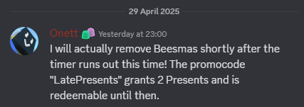BananaGamesYT_'s tweet photo. π¨ BEESMAS IS OFFICIALLY ENDING TOMORROW A BIT AFTER THE TIMER ENDS π¨
- Confirmed by Onett
Also 2 new codes "lastpresent" & "lastpresents" #roblox #beeswarmsimulator #beesmas https://t.co/XsLWd0idiS