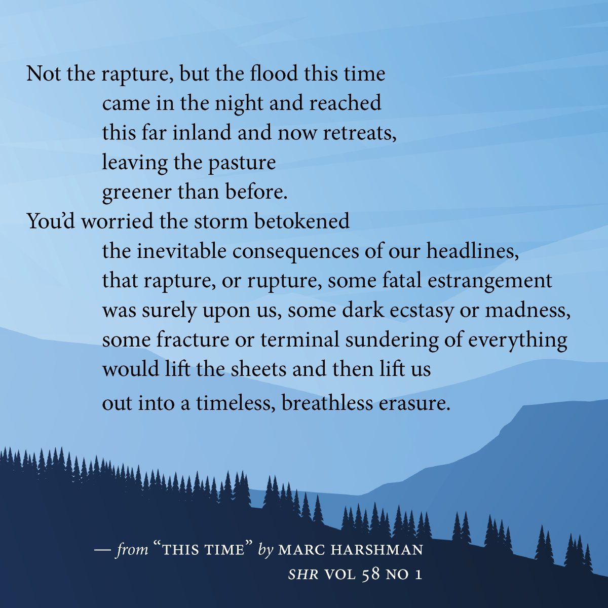Recover from the flood "This Time" by Marc Harshman

Check out the full poem and our special feature on Appalachian poetry: southernhumanitiesreview.com/581-this-time-…

#litmag #writingcommunity #poetry