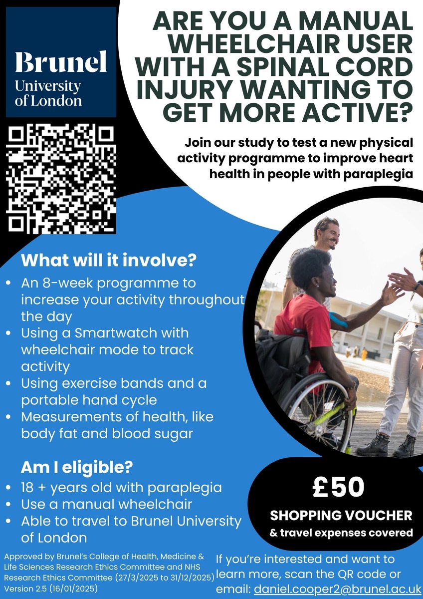 The_SRI's tweet photo. Researchers at the Brunel University of London seek people with paraplegia to test REACH-SCI, an 8-week activity tracking program that aims to improve heart health. You’ll need to be able to travel to Uxbridge, London twice during the study. https://t.co/m9GZxiqk01 https://t.co/x695GlyI9y