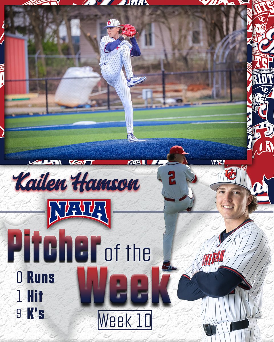 Kailen Hamson becomes the first UC pitcher to garner NAIA Pitcher of the Week honors this season after an incredible performance against Cumberland University! 

Read More: shorturl.at/w5Ul2

#OneBigTeam | #LTL