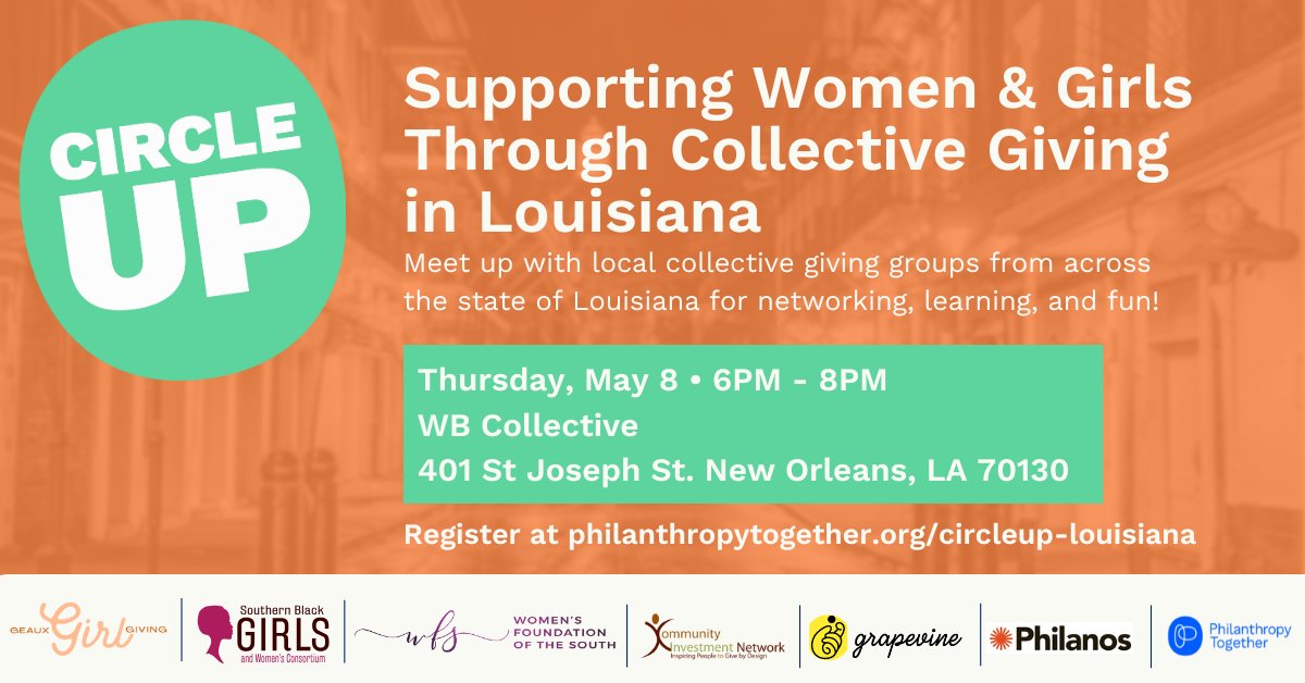 Women's Philanthropy (@wpiinsights) on Twitter photo Don’t miss CircleUp Louisiana on May 8 at 6PM CT!
Join our friends at <a href="/phil_together/">Philanthropy Together</a> for a free event on using collective giving to uplift women & girls. 💜
Sign up here: bit.ly/4jH5ZGn
#GiveToWomenAndGirls #GivingCircles #WomenAndGirls Don’t miss CircleUp Louisiana on May 8 at 6PM CT!
Join our friends at <a href="/phil_together/">Philanthropy Together</a> for a free event on using collective giving to uplift women & girls. 💜
Sign up here: bit.ly/4jH5ZGn
#GiveToWomenAndGirls #GivingCircles #WomenAndGirls