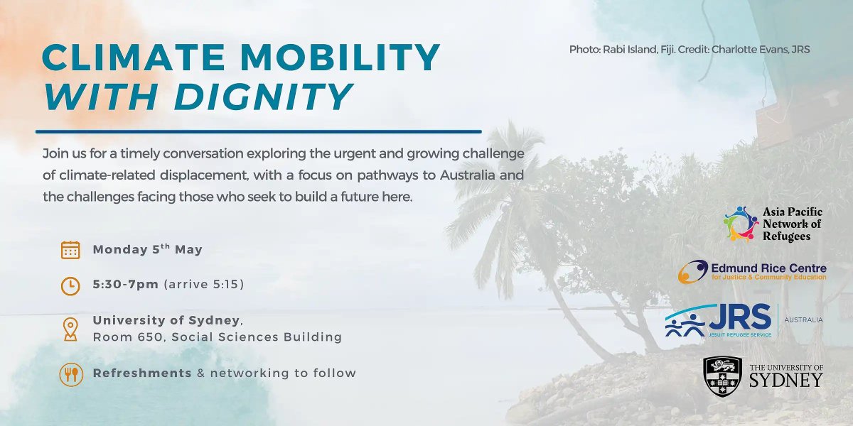 Jane McAdam (@profjmcadam) on Twitter photo Climate Mobility with Dignity - event by JRS Australia, Edmund Rice Centre and <a href="/APNORefugees/">Asia Pacific Network of Refugees</a> at Sydney University on Monday 5 May, 5.30-7pm Climate Mobility with Dignity - event by JRS Australia, Edmund Rice Centre and <a href="/APNORefugees/">Asia Pacific Network of Refugees</a> at Sydney University on Monday 5 May, 5.30-7pm