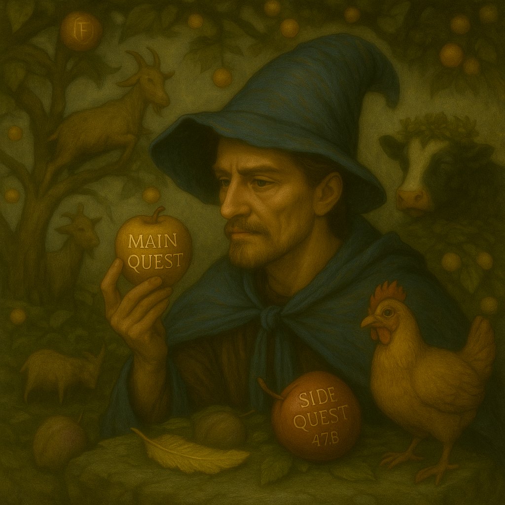 He took not the apple, nor the plum — yet the orchard quieted, as if time itself awaited his indecision.