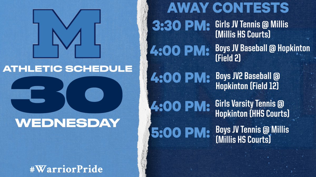 Medfield Athletics (@medfieldad) on Twitter photo Athletic Schedule (Away Contests) for Wednesday, April 30:
<a href="/coachmace/">Michael Mason</a> <a href="/MedfieldGTennis/">@MedfieldGirlsTennis</a> <a href="/MedHSBaseball/">MedfieldHSBaseball</a> <a href="/MedfieldBoysTen/">Medfield Boys Tennis</a> <a href="/MillisAthletics/">Millis Athletics</a> <a href="/HillerAthletics/">Hopkinton Athletics</a> Athletic Schedule (Away Contests) for Wednesday, April 30:
<a href="/coachmace/">Michael Mason</a> <a href="/MedfieldGTennis/">@MedfieldGirlsTennis</a> <a href="/MedHSBaseball/">MedfieldHSBaseball</a> <a href="/MedfieldBoysTen/">Medfield Boys Tennis</a> <a href="/MillisAthletics/">Millis Athletics</a> <a href="/HillerAthletics/">Hopkinton Athletics</a>