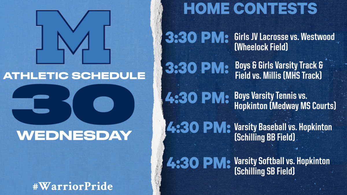 Medfield Athletics (@medfieldad) on Twitter photo Athletic Schedule (Home Contests) for Wednesday, April 30:
<a href="/coachmace/">Michael Mason</a> <a href="/MedGlax/">Medfield Girls Lax</a> <a href="/MedfieldTrack/">Medfield T&F</a> <a href="/MedfieldBoysTen/">Medfield Boys Tennis</a> <a href="/MedHSBaseball/">MedfieldHSBaseball</a> <a href="/MedfieldSB/">Medfield HS Softball</a> <a href="/WHSAthletics1/">Westwood Athletics</a> <a href="/MillisAthletics/">Millis Athletics</a> <a href="/HillerAthletics/">Hopkinton Athletics</a> Athletic Schedule (Home Contests) for Wednesday, April 30:
<a href="/coachmace/">Michael Mason</a> <a href="/MedGlax/">Medfield Girls Lax</a> <a href="/MedfieldTrack/">Medfield T&F</a> <a href="/MedfieldBoysTen/">Medfield Boys Tennis</a> <a href="/MedHSBaseball/">MedfieldHSBaseball</a> <a href="/MedfieldSB/">Medfield HS Softball</a> <a href="/WHSAthletics1/">Westwood Athletics</a> <a href="/MillisAthletics/">Millis Athletics</a> <a href="/HillerAthletics/">Hopkinton Athletics</a>