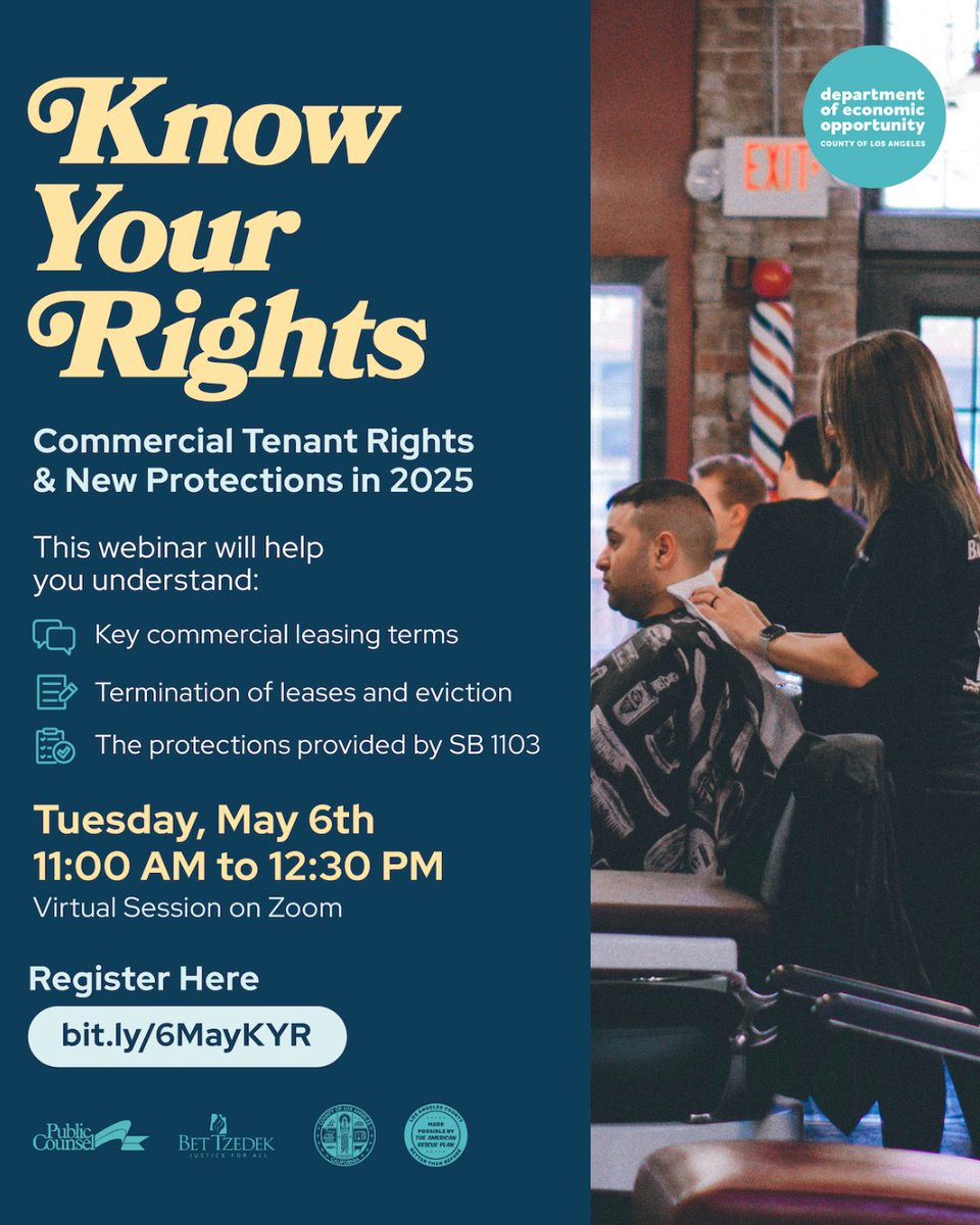 Small business owners leasing a commercial space, including those impacted by wildfires — know your rights! 
 
➡️Commercial leases 
➡️Insurance 
➡️Employment 
➡️Commercial contracts 
 
Tuesday, May 6th 
11:00 AM –12:30 PM 
 
Register here: bit.ly/6MayKYR