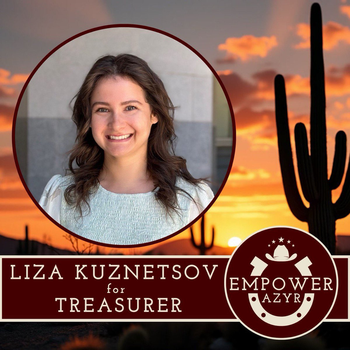 🚨UPDATE🚨

We are excited to announce Liza Kuznetsov for AZYR Treasurer! 

Immigrating to America from a socialist country, Liza values the opportunities and freedoms that make the American Dream possible. 

She is a Christian, a wife, and passionate about protecting America!