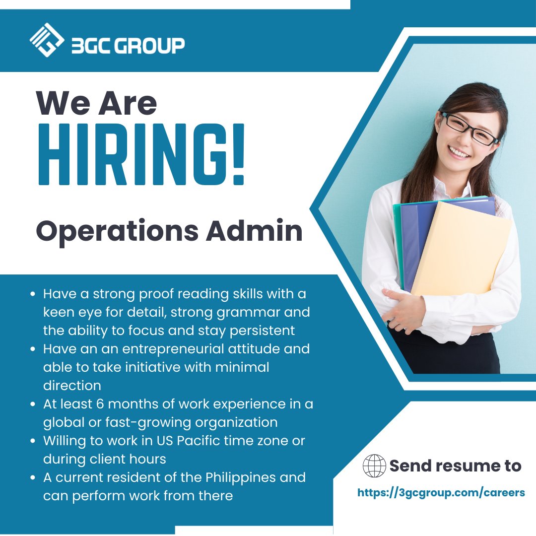 3GC_Group's tweet photo. 3GC Group is looking for an Operations Admin.

To apply, click this link: https://t.co/wtzxgs1RUO
Check our website: https://t.co/QWWgchYiIC

#3gcgroup #3gccareers #3gchiring #jobopportunity #hiring #WeAreHiring #careers #JobHunt2025 #workfromhomejobs #RemoteJobs #operationsadmin https://t.co/rCldXYN3EQ