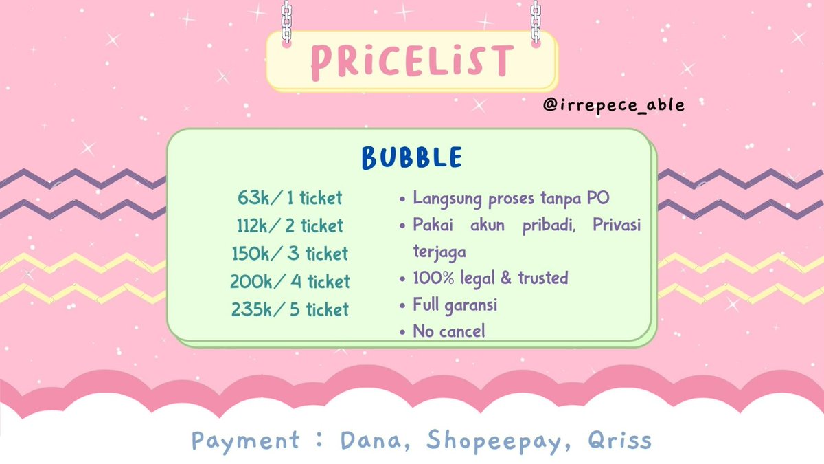 irrepece_able's tweet photo. Ready tiket bubble jyp lysn dll 

You can wa or contact telegram on bio for fast respon 😊🫶🏻

t wts wtb jual bubble bbl murah lysn jyp ist jellyfish stars rbw wm top media nct wayv exo zb1 rv aespa stray kidz skz itzy twice riize nctwish
#zonajajan #zonauang #ZonaBA https://t.co/cjj4viaN9V