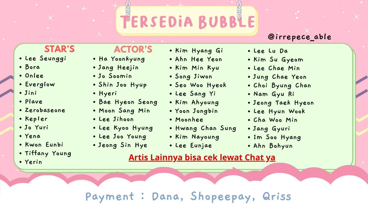 irrepece_able's tweet photo. Ready tiket bubble jyp lysn dll 

You can wa or contact telegram on bio for fast respon 😊🫶🏻

t wts wtb jual bubble bbl murah lysn jyp ist jellyfish stars rbw wm top media nct wayv exo zb1 rv aespa stray kidz skz itzy twice riize nctwish
#zonajajan #zonauang #ZonaBA https://t.co/cjj4viaN9V