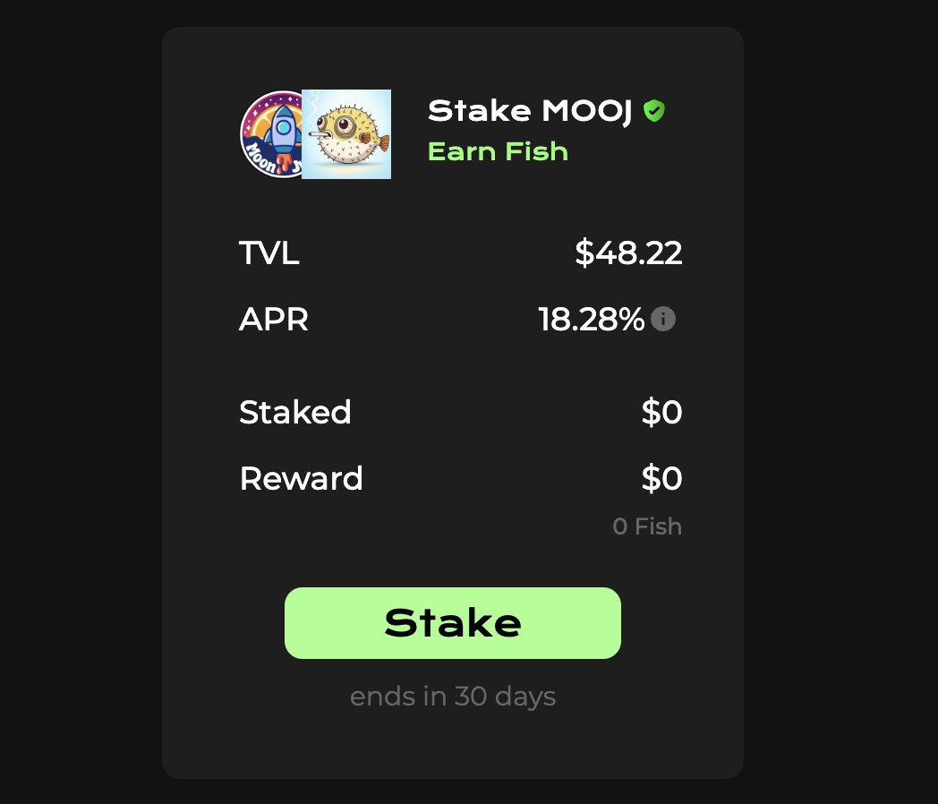 CometaHub's tweet image. Invest in serious assets using serious financial tools and start earning serious money today.
Stake $MOOJ -> Earn $Fish 🤯
You are a professional investor officially. Great job, smart-ass 🤝
#Algorand #algofam $ALGO
