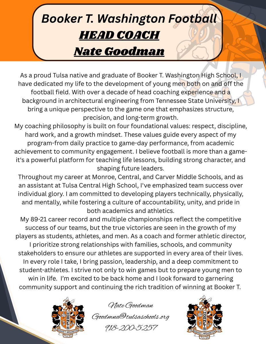 Booker T Football (@bookertfootball) on Twitter photo Congratulations to our new head coach, <a href="/NateGoodman19/">Coach Nate</a> ! We are looking forward to next season! Congratulations to our new head coach, <a href="/NateGoodman19/">Coach Nate</a> ! We are looking forward to next season!